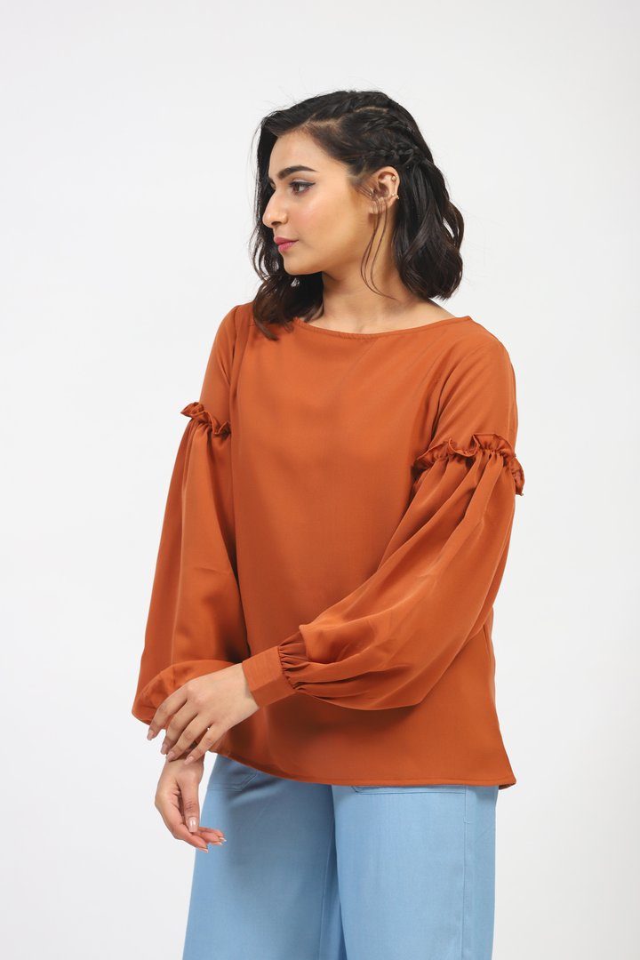 Brown Solid Top With Frilled Sleeves